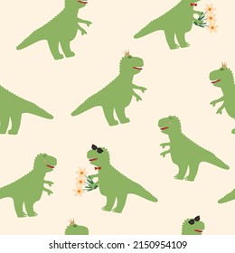 Trendy modern seamless pattern with funny dinosaur. T-rax style.