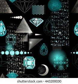 Trendy modern seamless pattern with geometric shapes, crystals, diamonds and ornaments. Endless texture in vintage style. Abstract design poster, cover