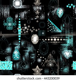 Trendy modern seamless pattern with geometric shapes, crystals, diamonds and ornaments. Endless texture in vintage style. Abstract design poster, cover