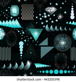 Trendy modern seamless pattern with geometric shapes, crystals, diamonds and ornaments. Endless texture in vintage style. Abstract design poster, cover, card