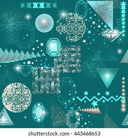 Trendy modern seamless pattern with geometric shapes, crystals, diamonds and ornaments. Endless texture in vintage style. Abstract design poster, cover, card