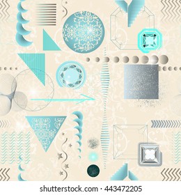 Trendy modern seamless pattern with geometric shapes, crystals, diamonds and ornaments. Endless texture in vintage style. Abstract design poster, cover, card.