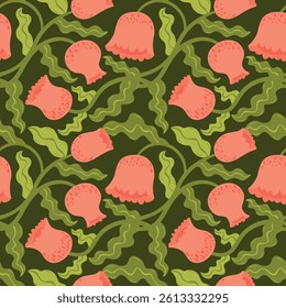 Trendy modern seamless pattern with pink flowers, bells, tulips, floral elements, green plants, leaves, vines, creepers. Beautiful botanical tropical wallpaper for textiles, scrapbooking, interior.
