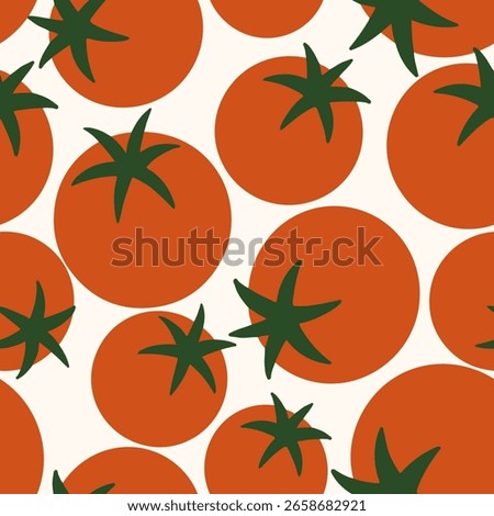 Trendy Modern seamless tomato pattern in vector, featuring bold red tomatoes with no background texture. Perfect for digital prints, fashion textiles, and packaging.
