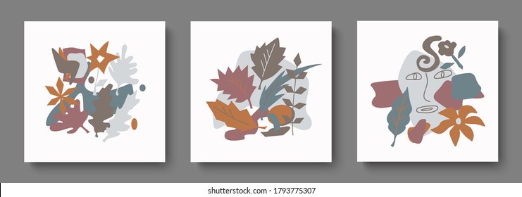 
Moderno conjunto de tarjetas abstractas.Ilustración vectorial con flores, hojas, doodle dibujado a mano, cara.Perfecto para invitaciones, banners, felicitaciones, tarjetas, portadas, folletos, afiches.