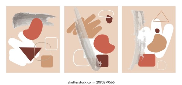 Trendy modern set of abstract geometric shapes and lines, minimalistic hand drawn composition. Vector contemporary posters for wall decor in warm pastel colors