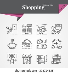Trendy Modern Shopping  simple thin line icons set with online payment,online shopping,hand with gift,product delivery,customer support,money,time,coupon etc.