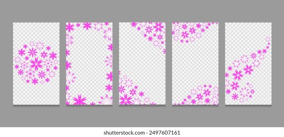 Trendy modern spring stories templates with purple daisy flower transparent background. Vector illustration design for social media stories, posts, posters, card