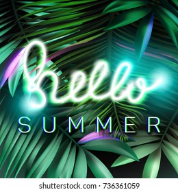Trendy, modern, summer layout, card, poster, background. Neon, electric jungle, tropical glitch. Lettering with glowing neon effect, summer lettering, glitch effect. Realistic palm leaves, sparkles