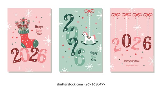 Trendy modern templates for posters or postcards for Christmas and New Year 2026 with minimalistic holiday decor. Vector design.