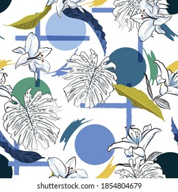 Trendy Modern tropical monstera leaves and lilies flowers with geometric shape seamless pattern vector,Design for fashion , fabric, textile, wallpaper, cover, web , wrapping and all prints 
