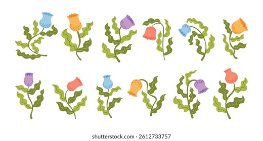 Trendy modern tulips, bell flowers, tropical floral elements set. Pastel delicate Hand drawn botanical vector illustration collection.
