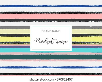 Trendy modern vector colourful banner or product box cover. Striped background for advertising posters. Hand painted brushstrokes, grunge glamour yellow, pink, blue, turquoise sailor stripes design. 