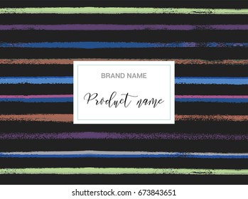 Trendy modern vector colourful banner or product box cover. Striped background for advertising posters. Hand painted brushstrokes, grunge glamour yellow, brown, blue, purple sailor stripes design. 