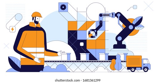 Trendy modern vector illustration concept of smart factory with engineer, robotic arm, factory conveyor with boxes and truck. Hero illustration for smart industry 4.0. Industry infographics