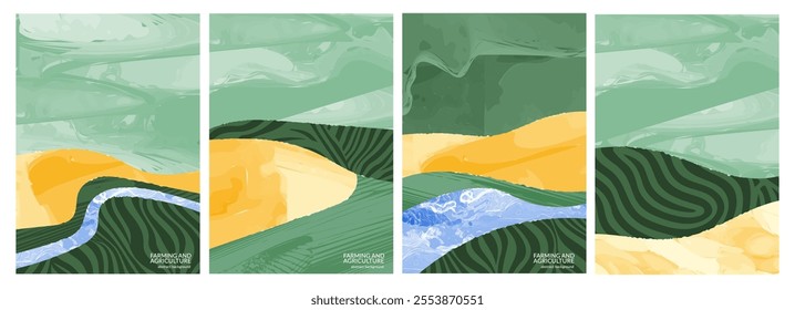 Trendy modern vector illustration of green countryside landscape with mountain, river, forest. Abstract watercolor design with hill, field. Contemporary pieces composition, organic applique, patchwork