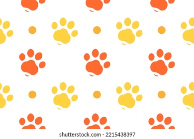 Trendy and modern vector yellow orange paw pattern seamless. Cute cat dog paws background. Paw print background	
