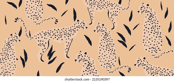 Patrón de vida salvaje moderno y moderno con leopardos. Diseño de ilustraciones vectoriales de leopardos y hojas