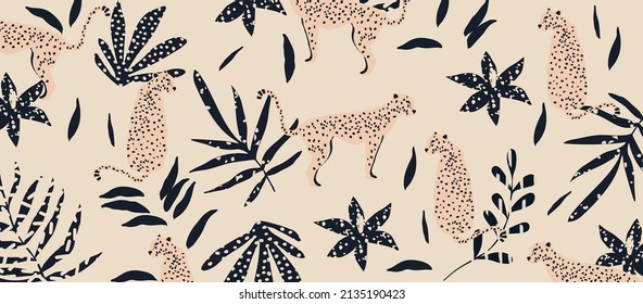 Trendy and modern wildlife pattern with leopards. Leopards and leaves vector illustration design