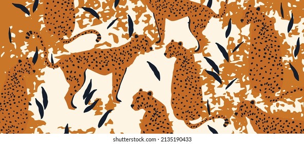 Trendy and modern wildlife pattern with leopards. Leopards and leaves vector illustration design