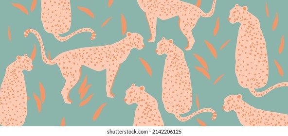 Trendfarbene und moderne Tierwelt mit Leoparden. Leoparden und Blätter, Vektorgrafik-Design