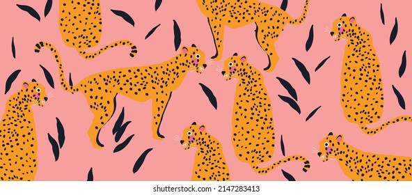Trendy and modern wildlife pattern with leopards. Leopards and leaves vector illustration design