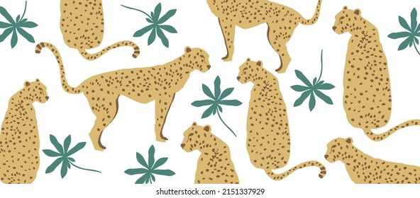 Patrón de vida salvaje moderno y moderno con leopardos. Diseño de ilustraciones vectoriales aisladas de leopardos y hojas	