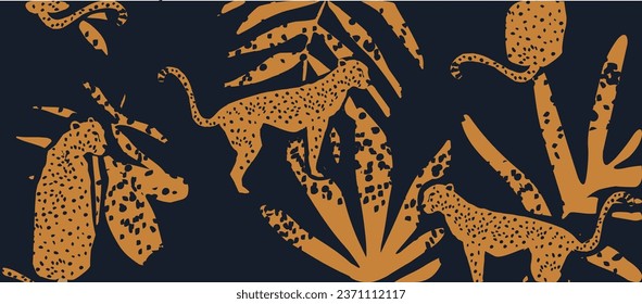 Trendfarbene und moderne Tierwelt mit Leoparden. Leoparden und Blätter, Vektorgrafik-Design