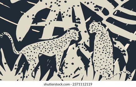 Trendy and modern wildlife pattern with leopards. Leopards and leaves vector illustration design
