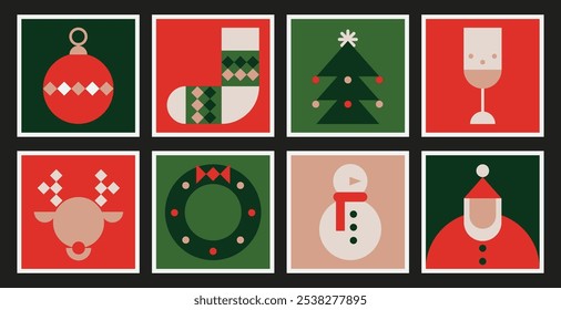 Trendy modern Xmas design with geometric holdiay symbols. Minimal poster, cover, social media template