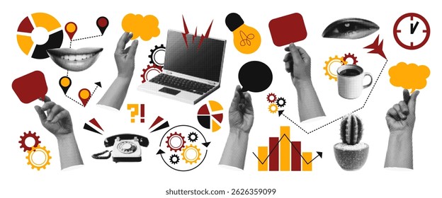 Trendy monochrome stipple music retro elements set. vinyl record, studded bracelet, boots, drums, tape recorder, mouth, eyes, disco ball, guitar. Retro photocopy vector compositions.