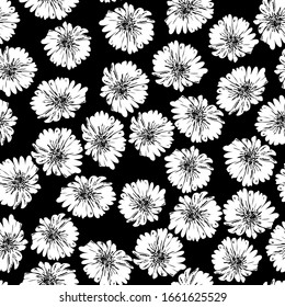 Trendy monochrome vector texture. Silhouettes blossom floral seamless pattern. Blooming botanical motifs scattered random. For fashion. Ditsy print. Hand drawn wild meadow daisy on black background