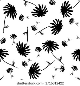 Textura vectorial monocromática de moda. Las siluetas florecen con un patrón sin fisuras florales. Motivos botánicos en flor dispersos al azar. Impresión Ditsy. pradera silvestre dibujada a mano margarita en negro sobre fondo blanco