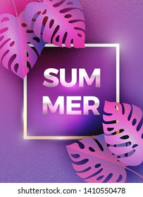 Trendy Monstera banner. Paper cut Tropical palm leaves. Exotic plants. Hawaiian. Space for text. Square frame. Bright Colorful jungle floral background. Monstera. 