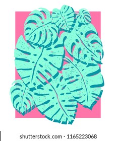 trendy monstera palm trees on a pink background, Vector illustration. Summer design elements for holiday, travel, beach vacation, congratulation cards, print, banners and others