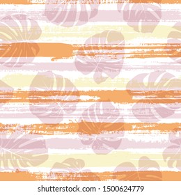 Trendy monstera philodendron liana hole leaves overlaying stripes vector seamless pattern. Hawaiian forest foliage summer fashion print. Tropical leaves and stripes seamless.