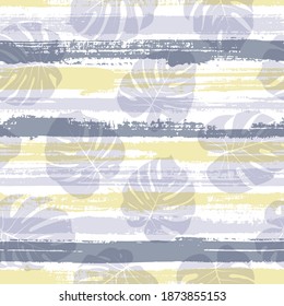 Trendy monstera philodendron liana hole leaves overlaying stripes vector seamless pattern. Hawaiian forest foliage beach fashion fabric print. Tropical leaves and stripes seamless.
