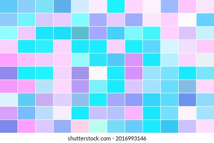 Trendy mosaic with color cells and white border. Pastel disco background. Pink blue color checkered template. Geometric pattern macro pixel. Glitch effect design element. Vivid abstraction