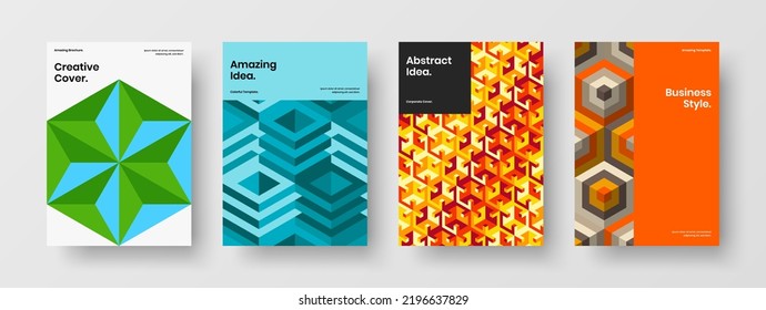Trendy mosaic pattern annual report concept bundle. Bright corporate brochure design vector layout composition.