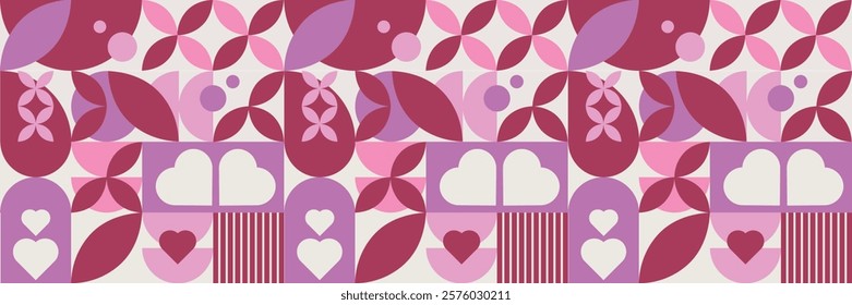 Trendy mosaic seamless pattern on the theme of love in pink tones. Valentine's day horizontal banner. Vector illustration