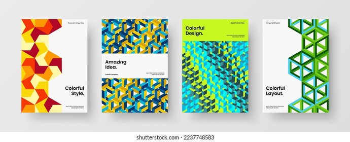 Trendy mosaic shapes presentation template set. Vivid corporate brochure vector design concept bundle.