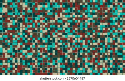 Trendy mosaic-style pattern with structured geometry. A vibrant, colourful grid design ideal for cover art, fabric, or creative posters.