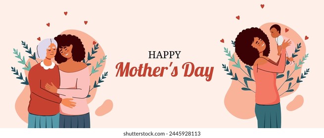 Trendy Mother's Day card. An elderly African-American woman hugs her daughter and the woman lifts the baby up. Generation and family. Mom with children. Vector. 12 May. Set of characters in flat style