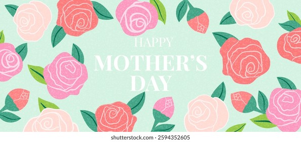 Trendy Mother's Day card, poster, or banner with a floral frame in a mid-century art style. Bright spring summer abstract floral pattern, perfect for flyers, labels, covers, ads, and promotion