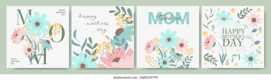 Trendy Mother's Day Card, Poster, Banner, Flyer, Label or Cover with Abstract Flowers. Modern Spring or Summer Holiday Floral Background in Flat Style. Abstract Floral Bright Pattern art Style Design.