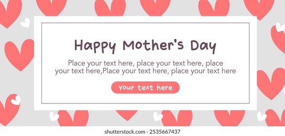 Trendy Mothers Day, Womens Day and birthday card simple illustration with love shape, red heart pattern on gray background for horizontal posters, web banners, covers, and social media