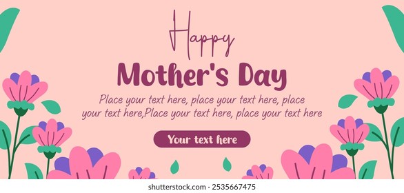 Trendy Mothers Day, Womens Day and birthday card simple flat illustration with flowers, daisies, hand drawn floral art on pink background for horizontal posters, web banners, covers, and social media