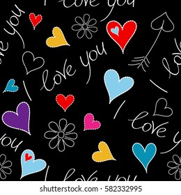 Trendy motley heart pattern for fabric, textile or wrapping on black backdrop. Abstract cute heart pattern with hand drawn hearts, I love you text and chamomile flower in blue, yellow and red colors.