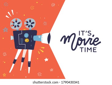 Trendy movie time concept layout with film projector and text area withlettring quote - It's movie time. Cool cinema poster, leaflet or banner template with detailed retro projector with film reels