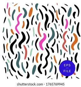 Trendy multicolor animal print, zebra print. Colorful bold hipster vector pattern. Quirky chic design arty 1980s 1990s graffiti style. Brush strokes lines curves shapes in coral red magenta royal blue